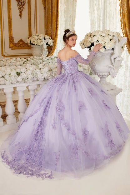 OFF THE SHOULDER LACE LONG SLEEVE BALL GOWN CD15706-1