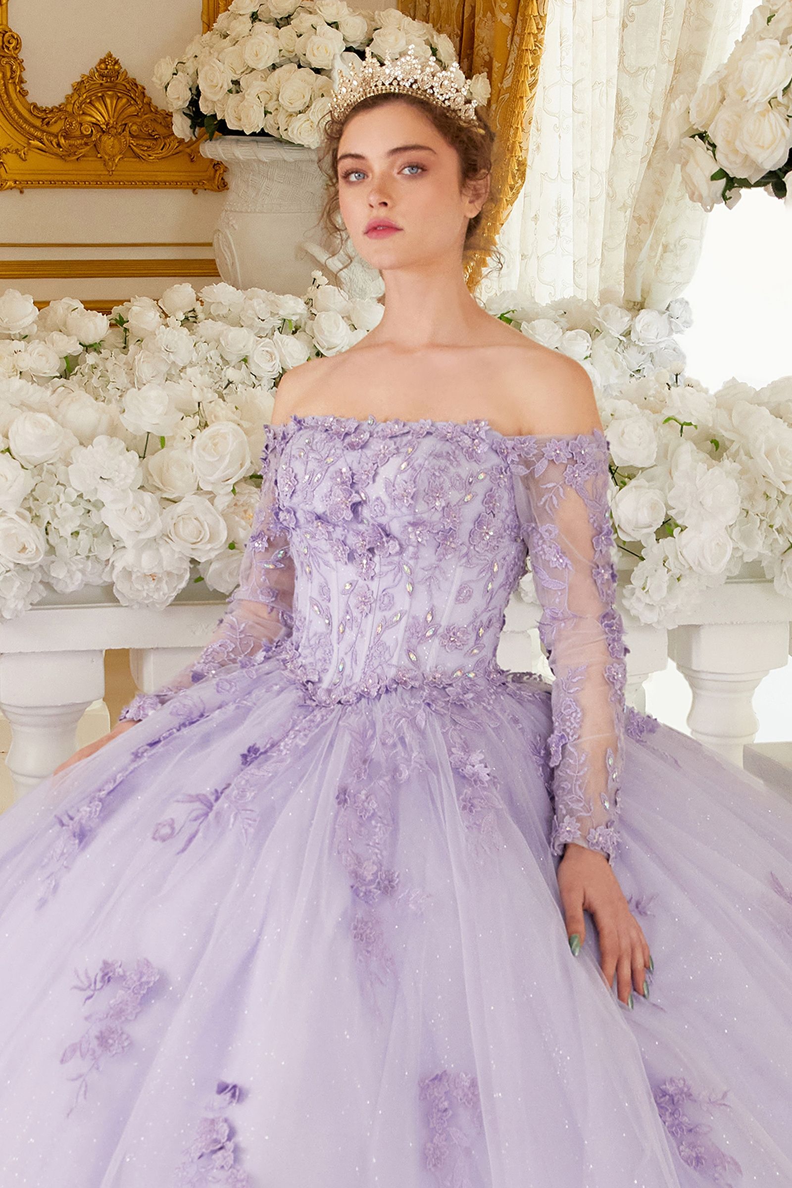 Off The Shoulder Embroidered Lace Long Sleeve Long Ball Dress CD15706
