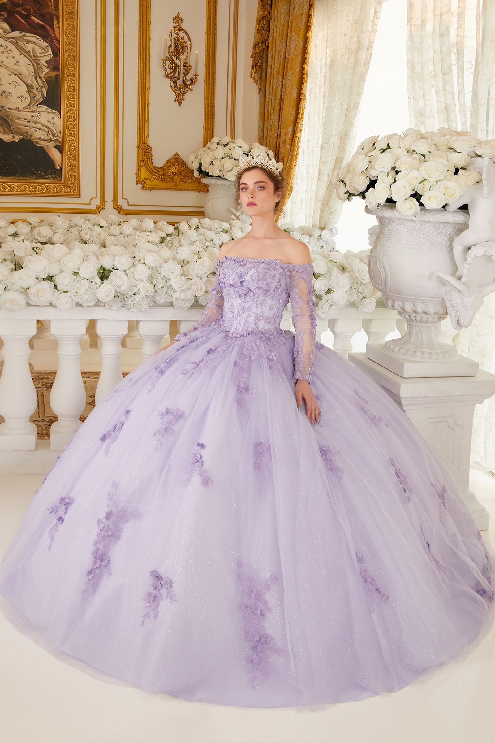 OFF THE SHOULDER LACE LONG SLEEVE BALL GOWN CD15706-0