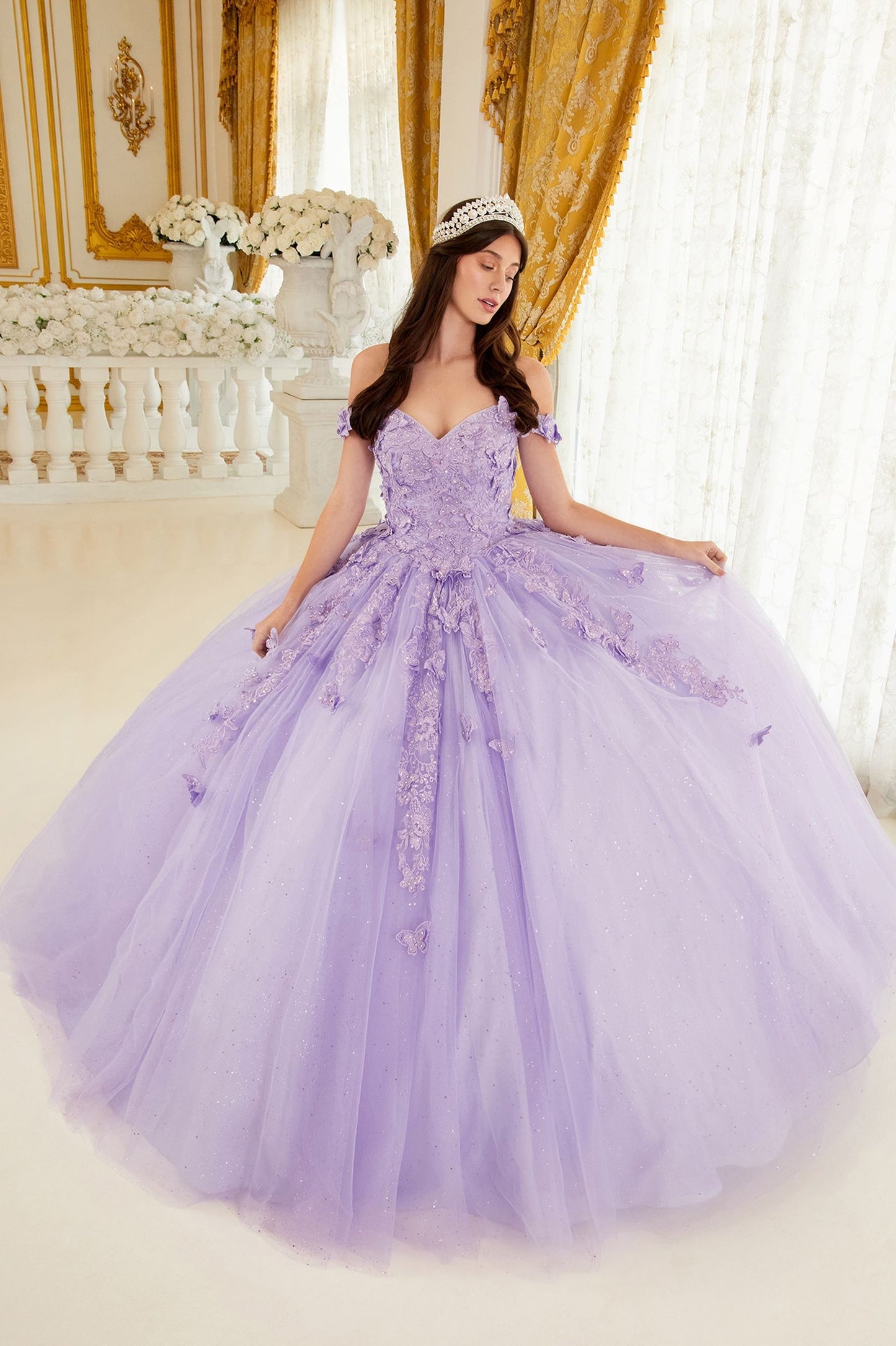 LAYERED TULLE BALL GOWN WITH LACE APPLIQUE CD15709-2