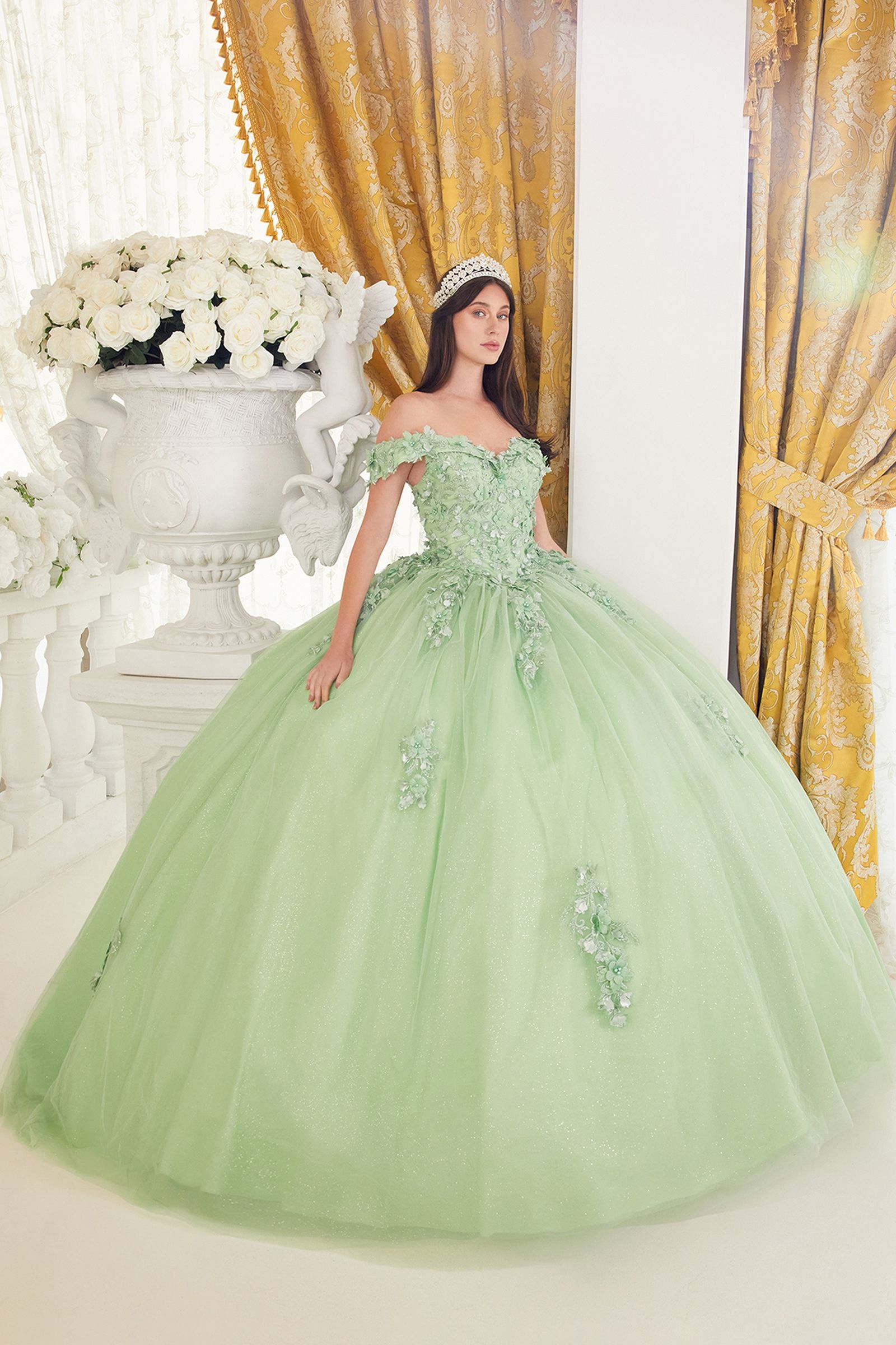 Lace Off Shoulder Layered Tulle Sweetheart Long Ball Dress CD15710
