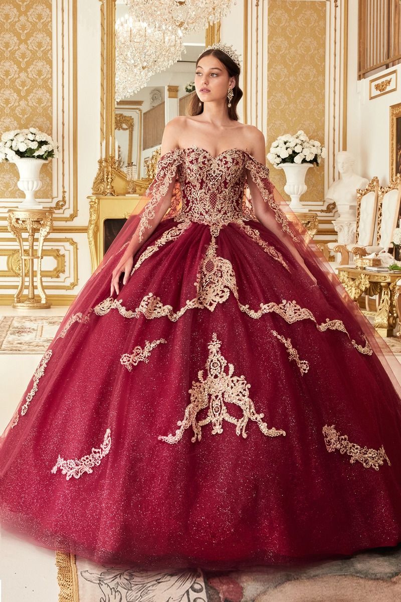 Navy, Burgundy, Emerald | Glitter Quinceañera Ball Gown with Gold Embroidery & Off-Shoulder Sleeves  CD15711-1