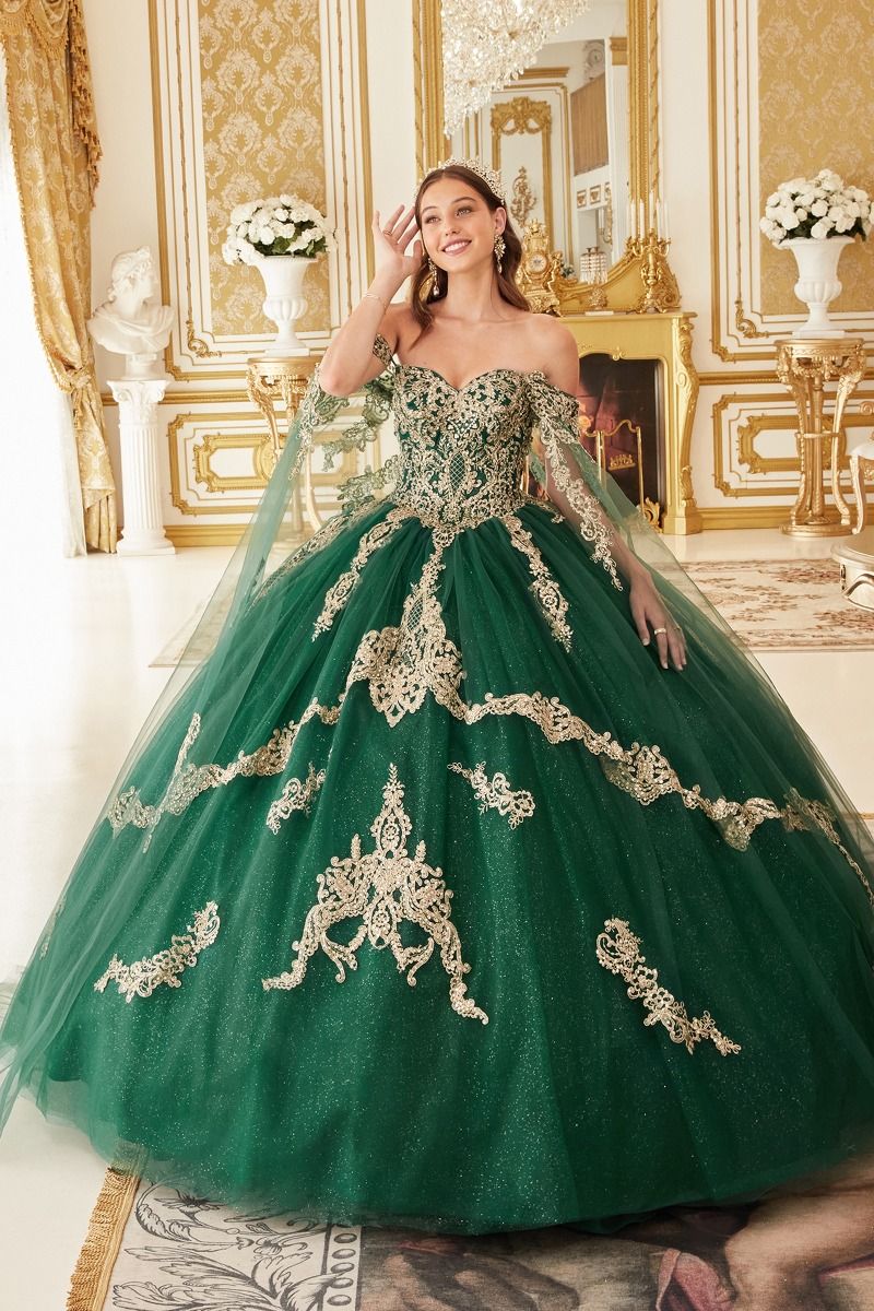 Navy, Burgundy, Emerald | Glitter Quinceañera Ball Gown with Gold Embroidery & Off-Shoulder Sleeves  CD15711-3