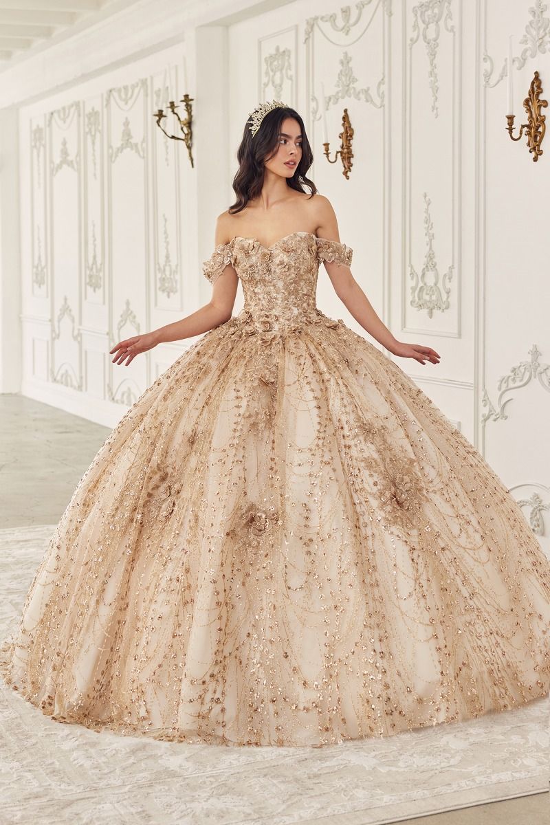 Gold Off-Shoulder Embroidered Quinceañera Ball Gown with Beaded Details  CD15712-0