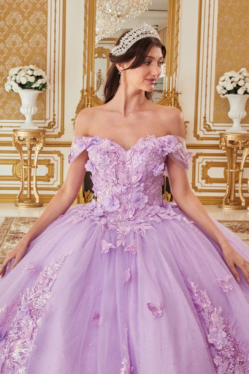 OFF THE SHOULDER FLORAL APPLIQUED BALL GOWN CD15713-3