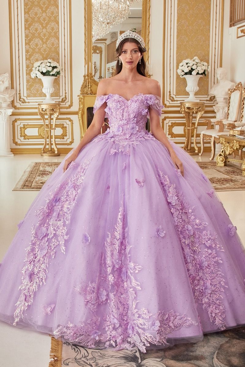 OFF THE SHOULDER FLORAL APPLIQUED BALL GOWN CD15713-4