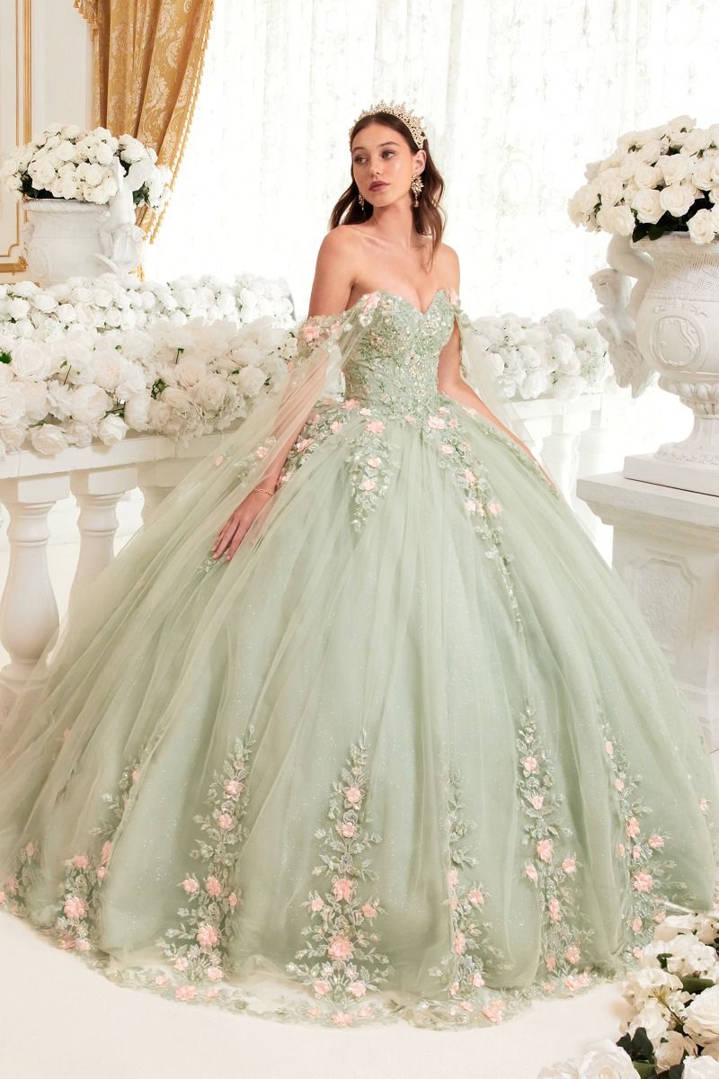 SAGE BALL GOWN WITH BLUSH FLORAL DETAILS CD15716-0