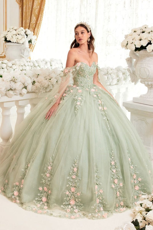 SAGE BALL GOWN WITH BLUSH FLORAL DETAILS CD15716-0