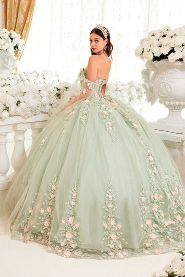 SAGE BALL GOWN WITH BLUSH FLORAL DETAILS CD15716-1