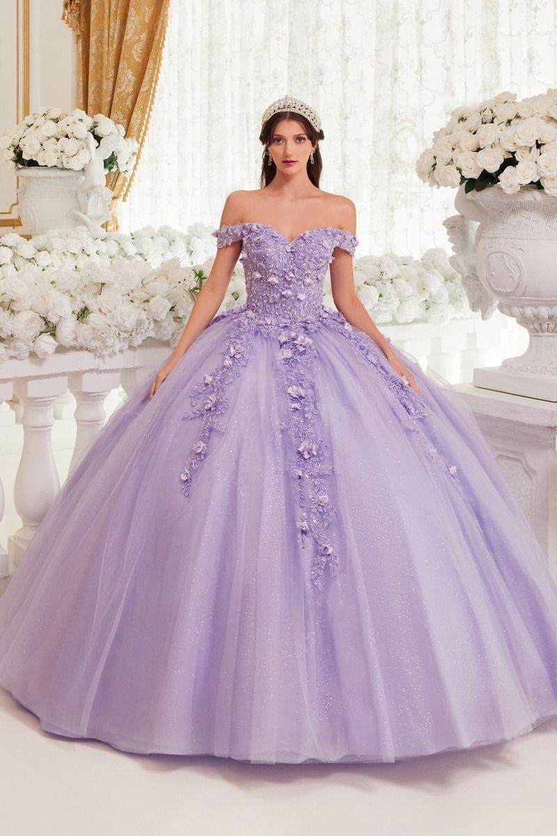 Off Shoulder 3D Floral Applique Bodice Quinceanera Long Ball Dress CD15717