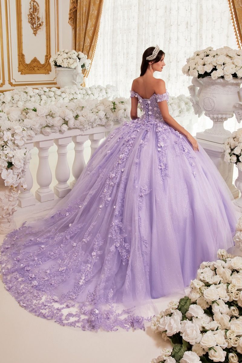 Off Shoulder 3D Floral Applique Bodice Quinceanera Long Ball Dress CD15717