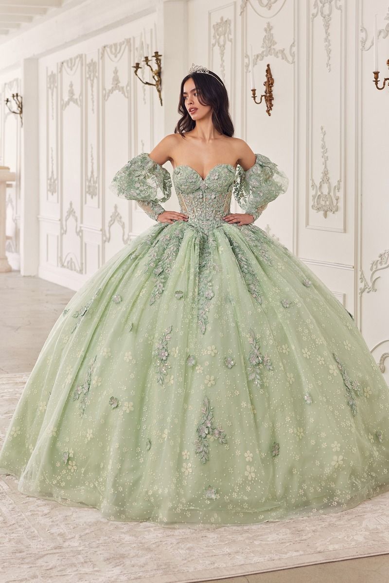 Strapless Lace Removable Puff Sleeves Quinceanera Long Ball Dress CD15722