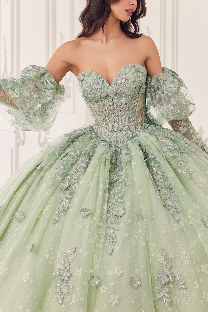 Strapless Lace Removable Puff Sleeves Quinceanera Long Ball Dress CD15722