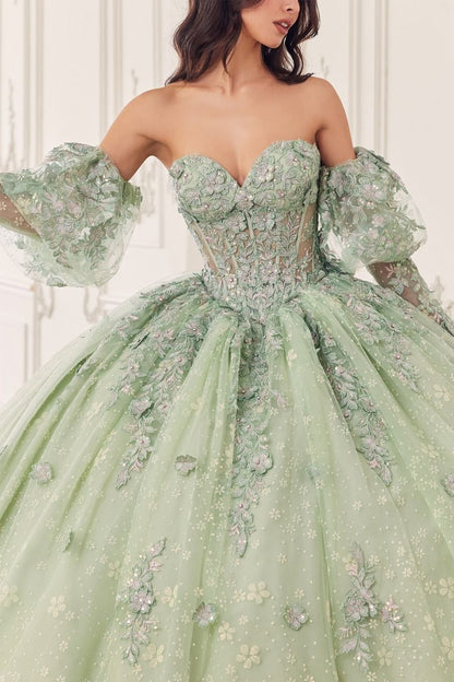 Strapless Lace Removable Puff Sleeves Quinceanera Long Ball Dress CD15722