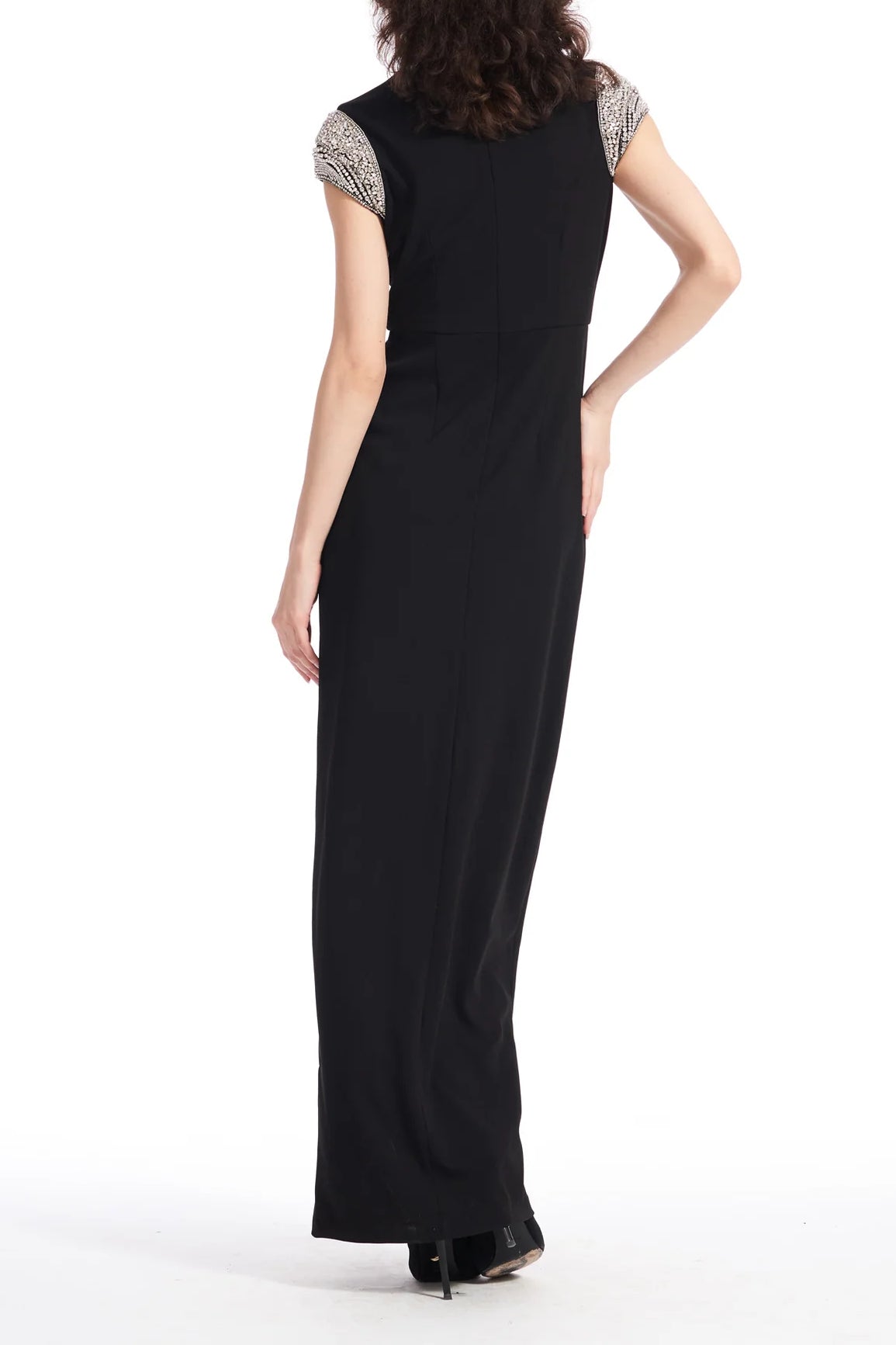 Emily Shalant Boat Neck Short Crystal Cap Sleeves Back Zipper Long Dress