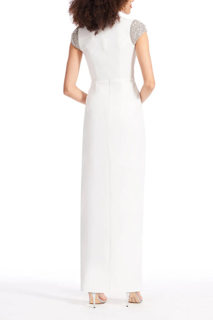 Emily Shalant Boat Neck Short Crystal Cap Sleeves Back Zipper Long Dress