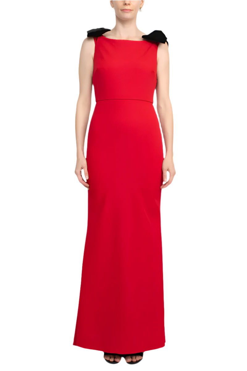 Alberto Makali Boat Neck Sleeveless Bow Shoulder Detail Zipper Back Solid Mermaid Scuba Gown-0