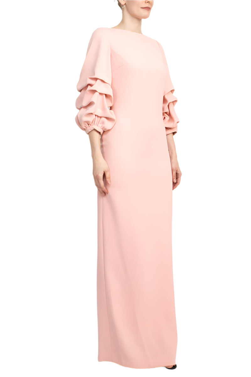 Alberto Makali Boat Neck Gathered 3/4 Sleeve Column Zipper Back Slit Back Scuba Dress-1