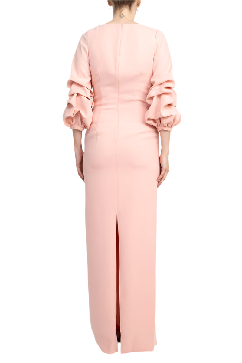 Alberto Makali Boat Neck Gathered 3/4 Sleeve Column Zipper Back Slit Back Scuba Dress-2