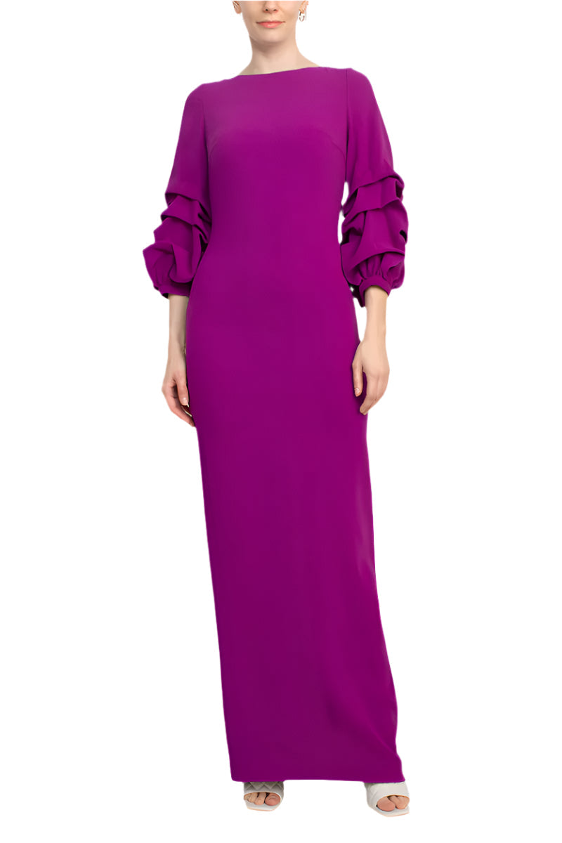 Alberto Makali Boat Neck Gathered 3/4 Sleeve Column Zipper Back Slit Back Scuba Dress-4