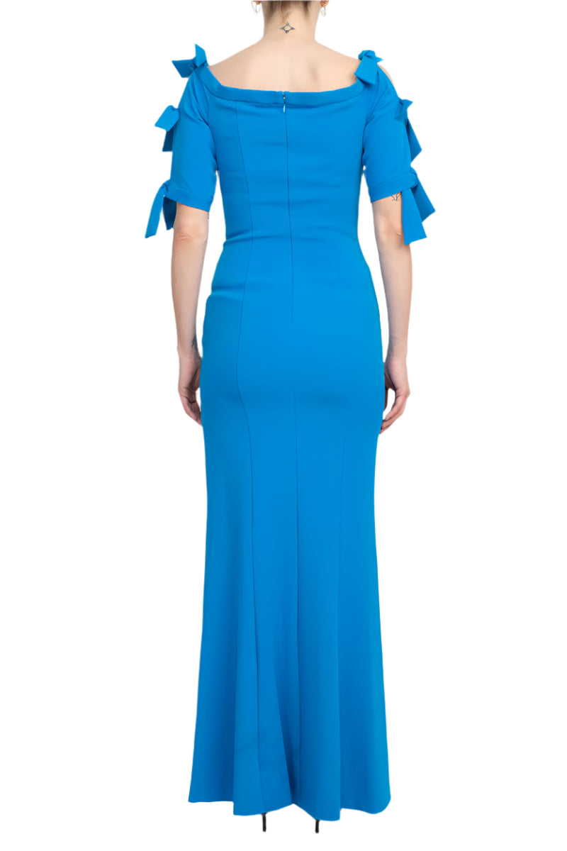 Alberto Makali Square Neck Bow Shoulder Detail Short Sleeve Sheath Zipper Back Slit Side Solid Scuba Gown-2