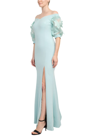 Alberto Makali V-Neck Short Embellished Lace Sleeve Zipper Back Mermaid Slit Side Scuba Dress-1