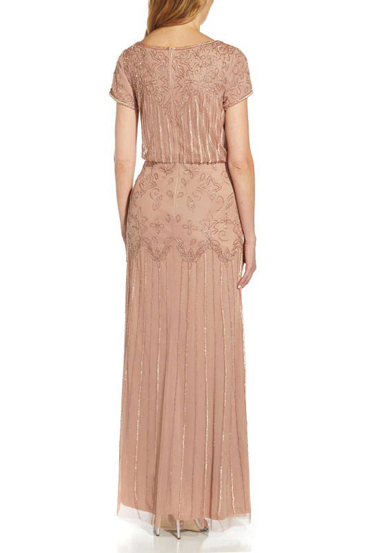 Adrianna Papell Boat Neck Short Sleeve Blouson Zipper Back Embellished Mesh Dress-3