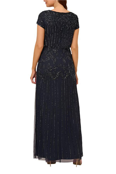 Adrianna Papell Boat Neck Short Sleeve Blouson Zipper Back Embellished Mesh Dress-1