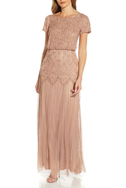 Adrianna Papell Boat Neck Short Sleeve Blouson Zipper Back Embellished Mesh Dress-2
