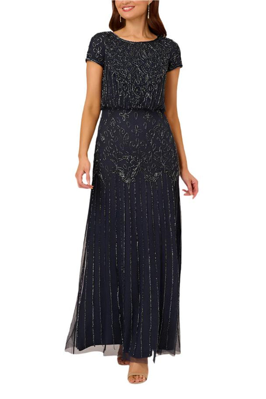 Adrianna Papell Boat Neck Short Sleeve Blouson Zipper Back Embellished Mesh Dress-0