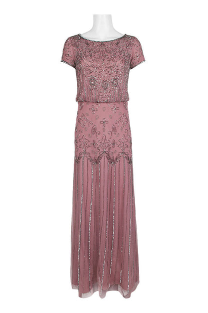 Adrianna Papell Boat Neck Short Sleeve Blouson Zipper Back Embellished Mesh Dress-4