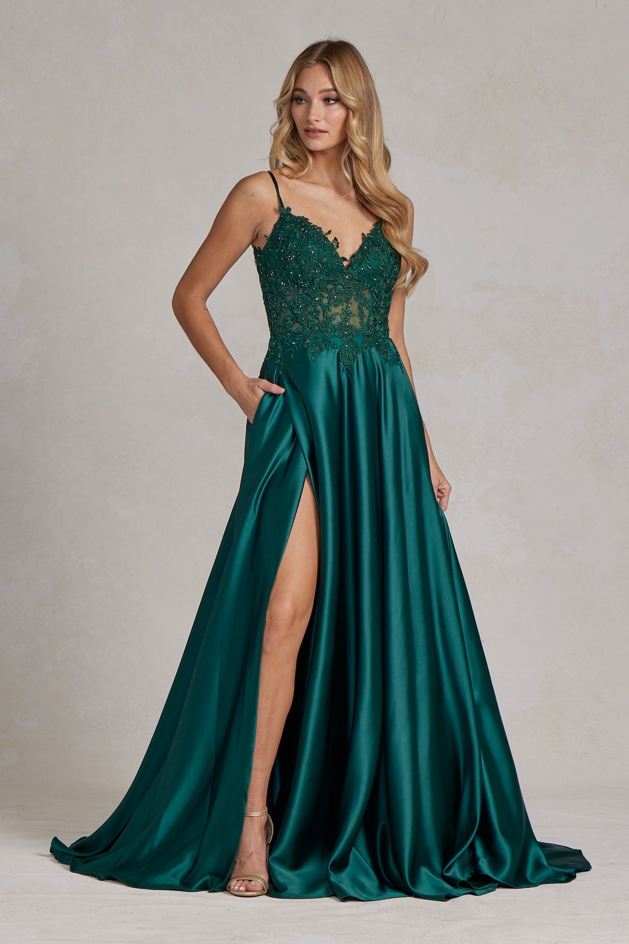 Delicate Lace Embellished A-Line Graduation Satin Gown w/ Side Pockets & Daring Leg Slit NXK1121-0
