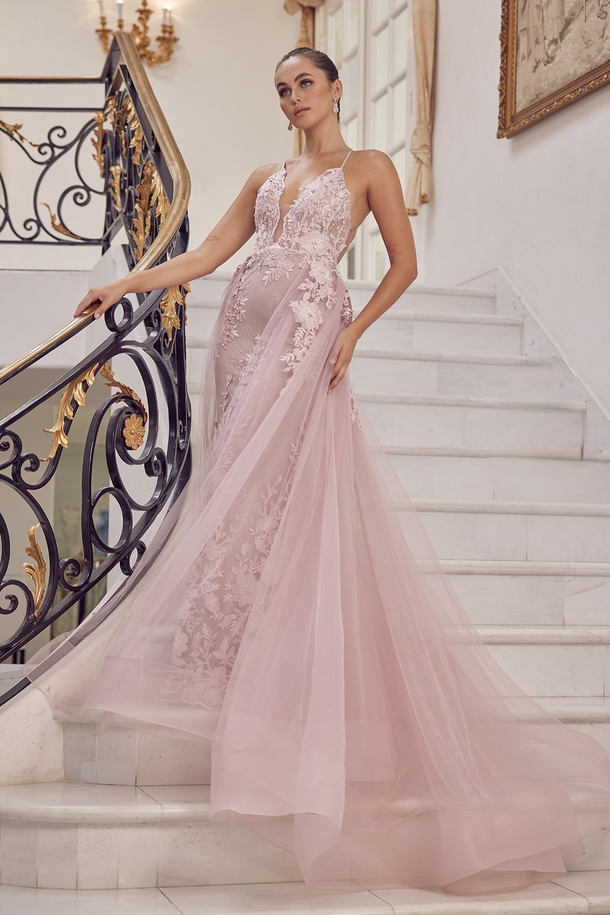 Pearls Embellished Long Formal Gown w/ Floral Motif & Plunging Neckline NXF485-0