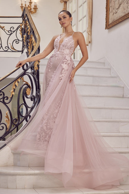 Pearls Embellished Long Formal Gown w/ Floral Motif & Plunging Neckline NXF485-0
