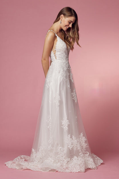 A-Line Classic V-Neck Side Cutouts Laced Straps Long Wedding Dress NXC461-0