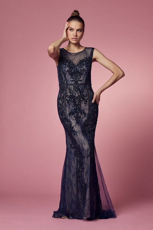 Floral Lace Embellished Long Sheath Gown w/ Delicate Beadwork NXE1006-0