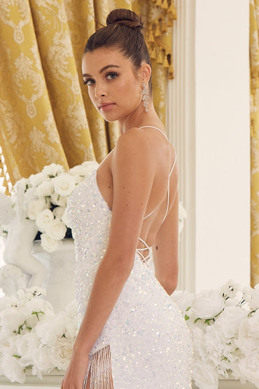 Dazzling Sequins Embellished Sheath Night Out Dress w/ Leg Tassels & Charming Open Back NXT1209-1