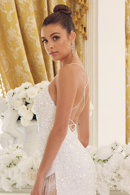 Dazzling Sequins Embellished Sheath Night Out Dress w/ Leg Tassels & Charming Open Back NXT1209-1