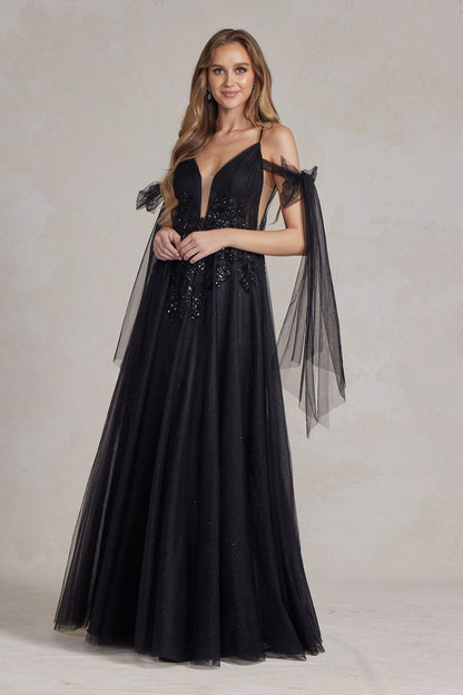 Sleeveless A-Line Lightweight Tulle Gown w/ Plunging Neckline & Off Shoulder Bow Drapes NXE1075-0