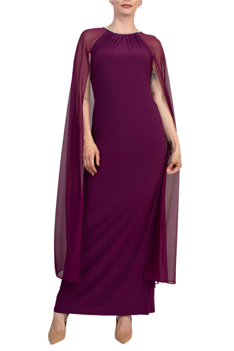 R&M Richards Pearl Bead Round Neckline Gown Dress with Cape-0