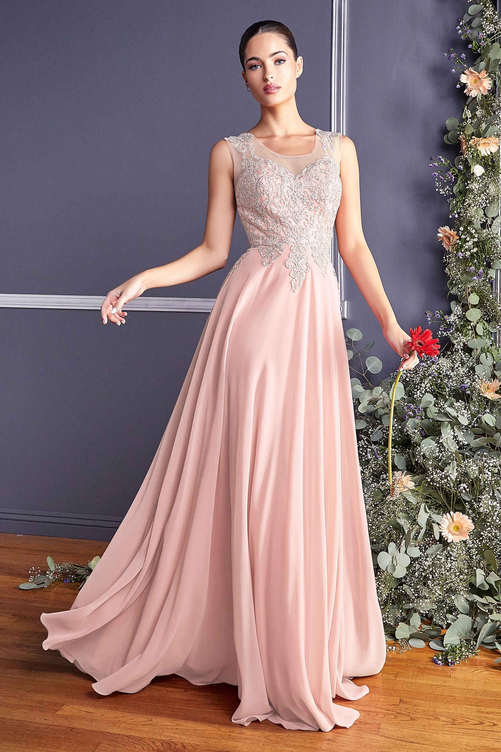 A-line chiffon gown with lace embellished bodice CD2635-0