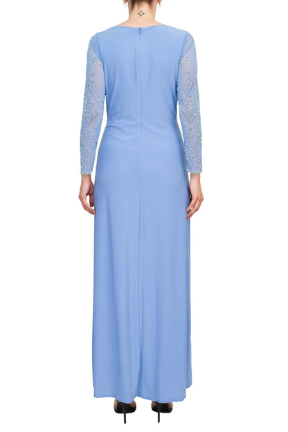 Marina V Neck Long Beaded Sleeves Back Zipper Knot Twist Jersey Jumpsuit
