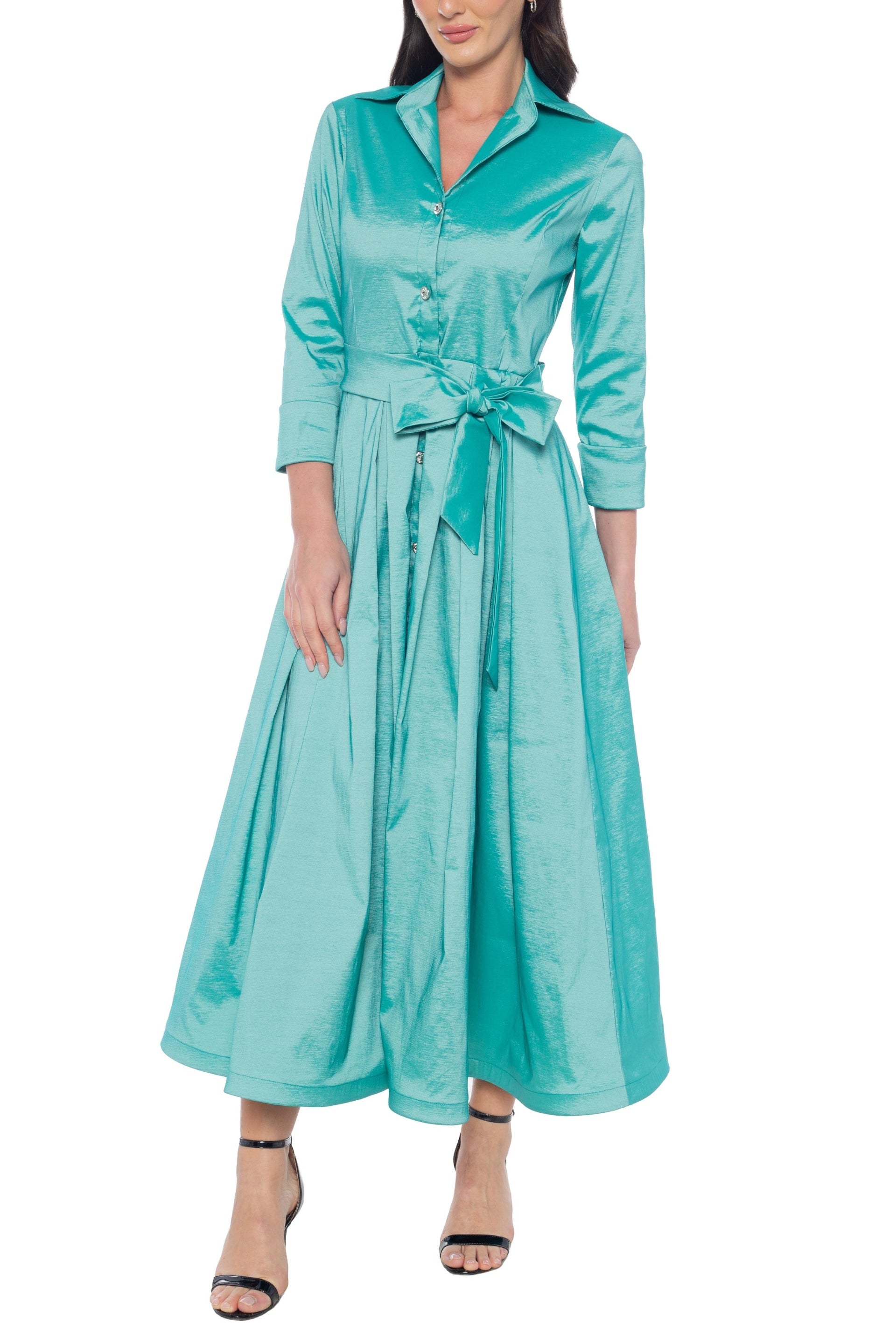 Marina 3/4 Sleeve Point Collar Neck Tie Waist Taffeta Midi A-LIne Dress-2