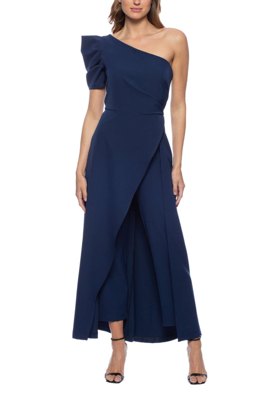 Marina Scuba Crepe One Shoulder Puff Sleeve Overlay Skirt Jumpsuit Dress-0