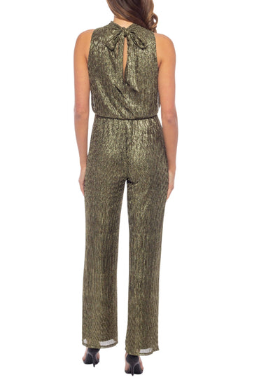 Marina Mock Neck Sleeveless Metallic Pleated Jumpsuit-1