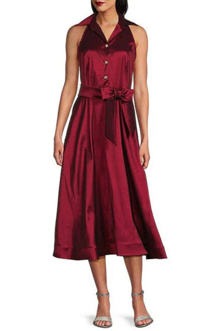 Marina Point Collar Front Button Sleeveless A-Line Midi Dress-0