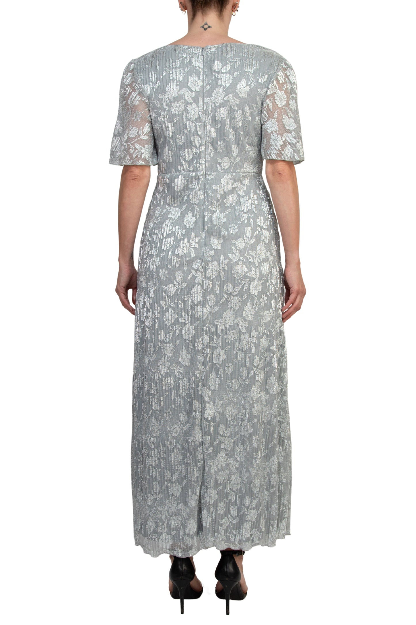 Marina V-Neckline Short Sleeves Pleated Silver Foil Gown-3