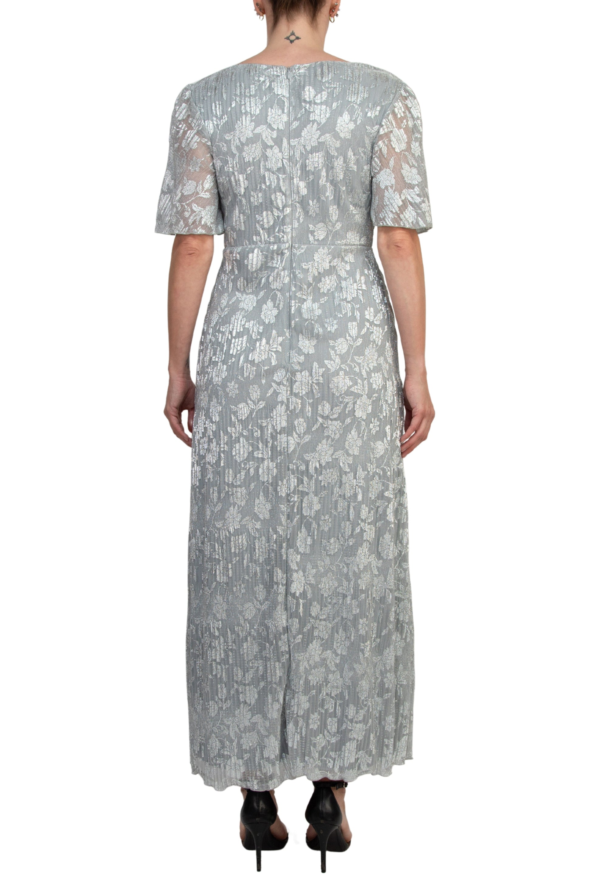 Marina V-Neckline Short Sleeves Pleated Silver Foil Gown-3