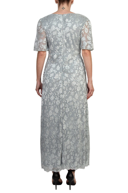 Marina V-Neckline Short Sleeves Pleated Silver Foil Gown-3