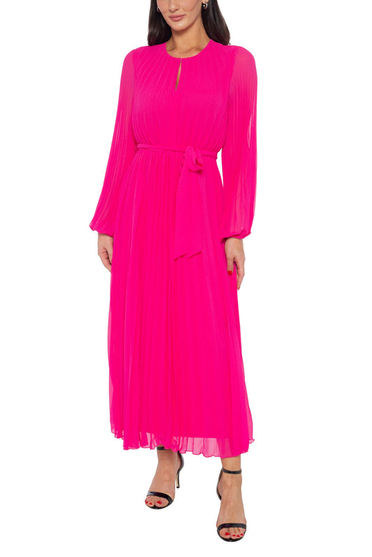 Marina Round Keyhole Neckline Empire Waist with Tie Pleated Skirt Maxi Dress-0